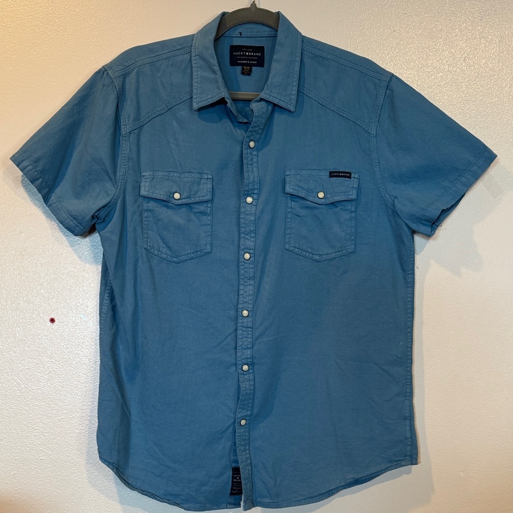 Lucky Brand Men's Short Sleeve Snap Front Shirt Blue Casual Button Up Medium